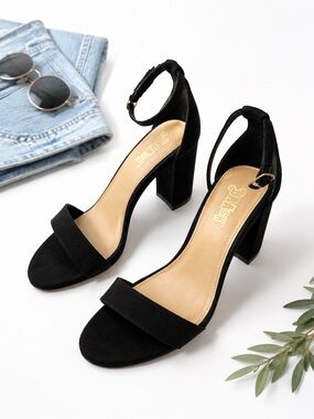 Brash Black Suede Open-Toe Ankle-Strap Block Heels